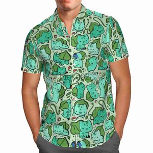 Camisas casuais masculinas de superfície de rua de grande tamanho 3d anime verde de manga curta curta camisa havaiana praia masculina verão 5xl social homme863 x0807