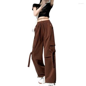 Kadın Pantolon 2023 Street Giyim Kargo Kadınlar Yaz Elastik Yüksek Bel Düz Pantolonlar Çizme Cep Geniş Bacaklı Bayanlar Pantolon