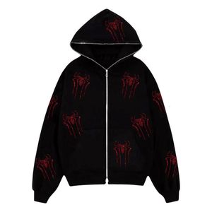 Women's Hoodies Sweatshirts Rhinestones Red Spider Print Y2k Women Zip Up Long Sleeve Oversized Black Hoodie Gothic Punk Fashion Casual Sweatshirts 230804