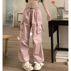 Kvinnors byxor capris rosa lastbyxor kvinnor retro arbetskläder casual baggy raka byxor mode breda benfickor joggar byxor y2k streetwear 230807