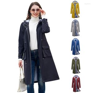 Women's Trench Coats 2023 Spring Autumn Long Casual Windbreaker Splashproof Hooded Solid Color Striped Lining Straight Waist Drawstring