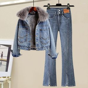 Women's Two Piece Pants Women Winter Warm Y2K Denim Pant Suit Thicken Jacket Coat And Jean Set Outfit Outwear Clothing Female Korean