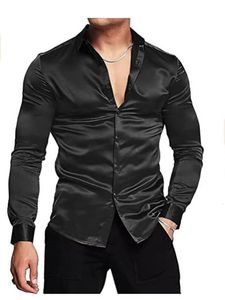 メンズカジュアルシャツメンズ豪華な光沢のある光沢のあるシルクサテンドレスシャツ長袖カジュアルスリムな筋肉ボタンダウンシャツプラスサイズS-3XL 230804