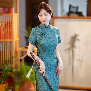 Etniska kläder Yourqipao Summer Silk Satin Green Long Cheongsam Fashion Elegant Soft Qipao Traditionell kinesisk aftonklänning för kvinnor