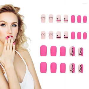 Unhas Postiças Press On 24pcs Bastão Bonito Carta de Amor Padrão de Coração Design Quadrado Fosco Curto Unhas Falsas Faça Você Mesmo