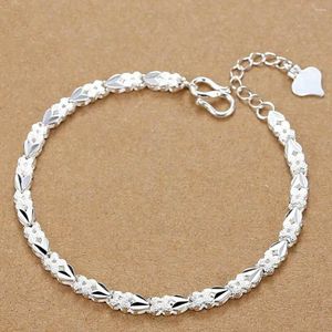 Pulseiras de link 925 cor de prata coração folha para mulheres casamento senhora nobre jóias bonitas moda corrente agradável 20 cm 8 polegadas