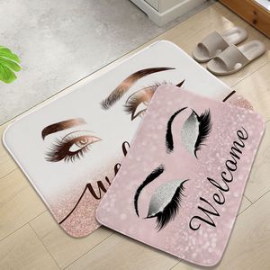 Mattor Rose Golden Glitter Eyelash Lashes Welcome Door Mat Sparkly Makeup Rubber Doormat Rug Carpet Chic Home Beauty Studio Home Decor 230804