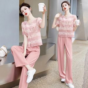 Women's Two Piece Pants Tweed Set 2023 Summer Salt High Quality Casual Suit Short Sleeve Tops And Trousers Pieces