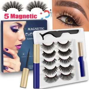 Falska ögonfransar le 5pairs 5 Magnetiska ögonfransar Eyeliner False Lashes Naturel Mink Eyelashes Waterproof Liquid With Tweezer Faux Cils Magnetique 230807