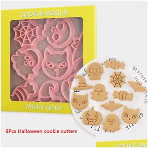 Bakformar mods 8 st halloween cookie cutters set pumpkin pressbar stämpel kex mögel dekoration drop leverans hem trädgård kitch dhdzq