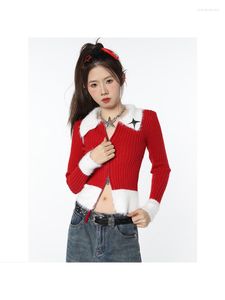 Women's Knits Korean Fashion Patchwork Long Sleeve Knitwear Crop Top Red Sweaters For Women 2023 Spring Streetwear Tops Zipper Cardigans