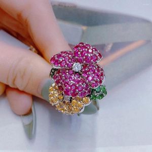 Cluster Rings Luxury Pave Multicolor Gemstone Flower For Women Fashion Cocktail Jewelry 925 Sterling Silver Ring Girl Gift