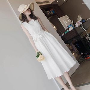 Casual Dresses French Style Slim White Dress Hepburn hängslen i Fairy Long Elegant Chiffon midjelimma