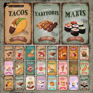 Food Metal Sign Mexican Tacos Metal Sticker Yakitoris Makis and T-Bone Food Vintage Tin Sign Donut Ice Cream Dessert Wall Stickers Shop Home Store Decor 30X20CM w01
