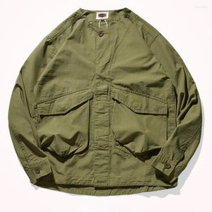 Men's Casual Shirts Collarless Fashion Youth Japanese Vintage Frosted Shirt Jacket Made Of Old Washed Multi-pocket Work Clothes