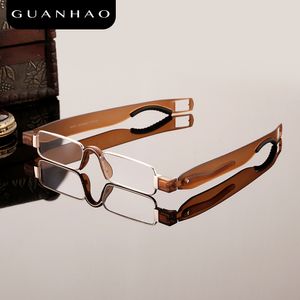 Solglasögonramar Guanhao Retro Rimless Rotate Folding Reading Glasses TR90 Frame Harts Lens Hyperopia Portable glasögon med fall 230807