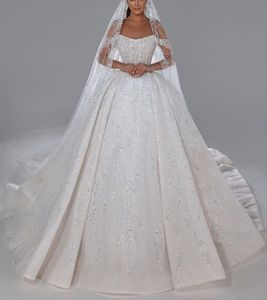 Elegant Ball Gown Wedding Dresses Sleeveless V Neck Sequins Straps Applique Ruffles Zipper 3D Lace Plus Size Lace-up Beads Diamonds Bridal Gowns Vestido de novia