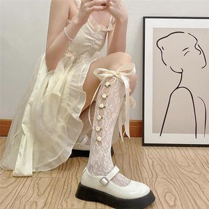 Women Socks Xingqing Y2k Kawaii Floral Lace Hollow Out Flower Satin Bowknot Sweet Knee High Stockings Summer Fashion 2000s