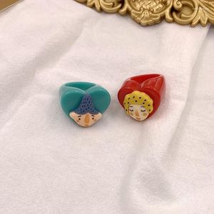 Cluster Rings Creative Cartoon Figure Doll Face Heart Shape Diy Stacking Resin Handmade Cute Girls Women Jewelry Wholesale