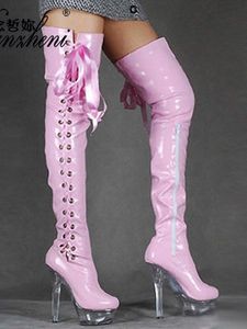 핑크 플랫폼 750 부츠 15cm 캣워크 스트립 폴 댄스 레이스 업 섹시한 페티쉬 신발 6 인치 여성 고딕 큰 크기 라운드 발가락 230807