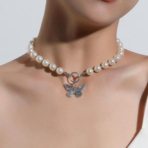 Choker Vintage Imitation Pearl White Butterfly Pendant Necklace For Women Girls Fashion Summer Party Jewelry Trendy 2023