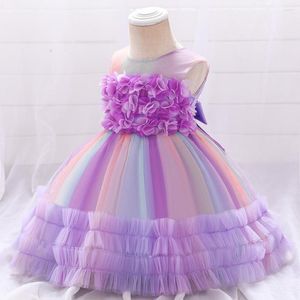Flickaklänningar födda dopande barn i lager blommor båge 1: a barn prinsessa klänning småbarn fest baby kläder sommar