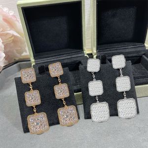 Brand Jane Long Earrings 18k Gold Plated Full Diamond Clover Pendant 925 Silver Women Classy Earndrops Stylish Party Jewelry