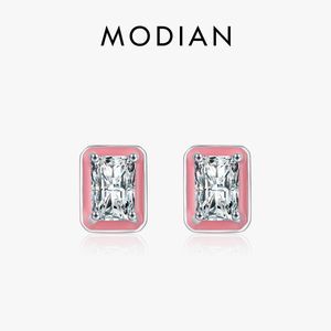 Stud Modian 925 Sterling Silver Rectangle Emalj Fashionörhängen glittrande zirkonium för kvinnor Bröllop Fina smycken 230807