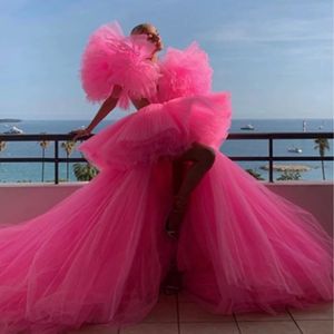 Urban Sexy Kleider Modische rosa High-Low-Tüll-Abschlussballkleider Sehr üppige Tüllärmel Sexy lange Tüll-Frauenkleider bis zum roten Teppich-Tüll-Robe 230807