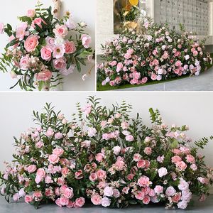 Dekoratif çiçek çelenk pembe gül yeşil bitki yaprağı düğün zemin çiçek yapay çiçek sırası düzenlemesi yol kurşun tablo çiçek olay sahne 230808