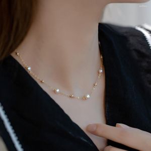 Kedjor över hela Sky Star Freshwater Pearl -halsband Verkligen 14 K Guldplätering av benkedja Kontrakt med temperament Super Fairy