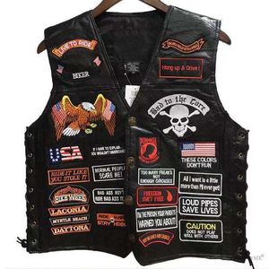 Coletes Masculinos Coletes de Couro de Motocicleta Masculino Curto Único Seios 42 Patches Moda Jaqueta Bordada Sem Mangas Colete Punk para Homens 230807