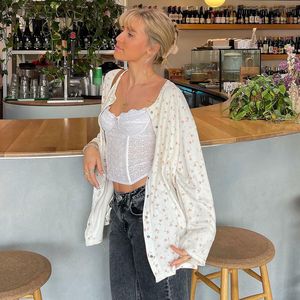 Women's Hoodies Sweatshirts Gaono Women Y2K Floral Rib Knit Cardigan Long Sleeve Button Down Teen Girls Cute Tops Cottagecore Aesthetic Clothes 230808