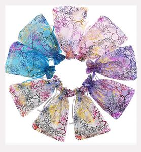 100pcs 13*18cm/5.11*7.08in Organza Drawstring Torbaları Takı Torbaları, Coralline Desen Şeker Çikolata Partisi Noel Düğünü İyilik Hediye Çantaları,