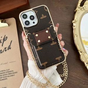 الحالات الهاتفية الجميلة iPhone 15 14 13 Pro Max Crossbody Leather Card Presh 16 15Pro 14Pro 13Pro 12Pro 12 11 XS Samsung S23 S22 Ultra Plus Case مع مربع الشعار 802