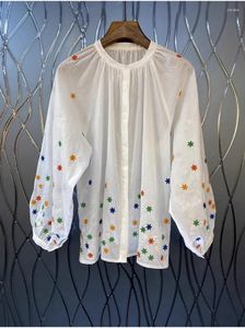 Blusas femininas camisas de algodão 2023 estilo outono senhoras colorido floral bordado manga longa casual solto branco