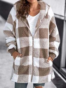 2023 herbst Winter Plaid Faux Pelzmantel Frauen Teddy Mantel Mit Kapuze Jacken Weibliche Pelzigen Teddybär Plüsch Jacke Frauen T230808