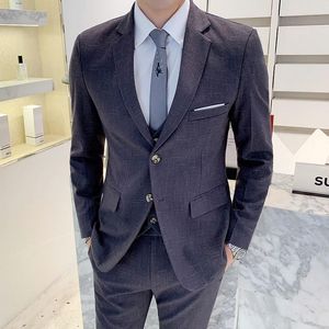 Mäns kostymer 2023 Spring Autumn Designer Suit for Wedding Costume Mariage Homme 3 Pieces Mens Plaid Navy Blue Grey