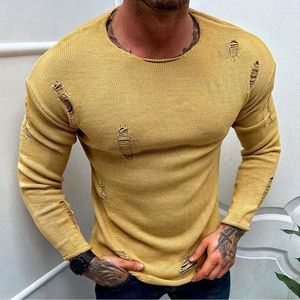 Suéteres Masculinos 2023 Rasgado O Neck Knit Pullover Masculino Suéter Casual Streetwear Cor Sólida Manga Longa Bottom T-shirt Vintage Lazer Luxo