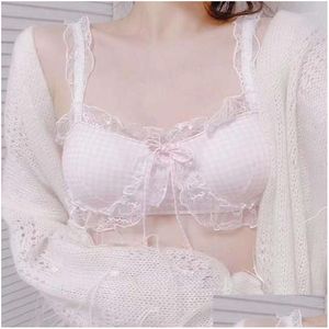 Bustiers Corsets Womens Lingerie Japanese Cute Cotton Plaid Bralette Set Lace Underwear Women Lolita Girl Teens Wire Thin Bra Drop Dhnda