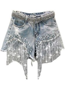 Men's Jeans Summer Elegant Shorts Lady Tassel Beading High Waist Wide Leg Denim Female Casual Solid for Women Clothing 230807