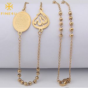Pendant Necklaces FINE4U N412 Stainless Steel Muslim Arabic Printed Necklace Long Chain Beads Rosary Koran Jewelry 230807