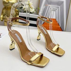 Aquazzura dermis stiletto sandals Electroplated heel gladiator women's ankle strap open toe Party Evening Shoes luxury designer high heels factory footwear