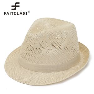 Cappelli a tesa larga Secchiello Moda Uomo Berretto di paglia Summer Beach Visiere parasole Cappello da cowboy tessuto a mano Tinta unita Maschio Fedora Hollow Gangster Jazz Caps casquette 230808