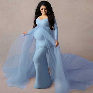 Moderskapsklänningar 2023 Summer Maternity Tulle Long Dresses Baby Shower Cotton Dress Stretchy Graviditet Fotograferingsklänning med Cape Long Train HKD230808