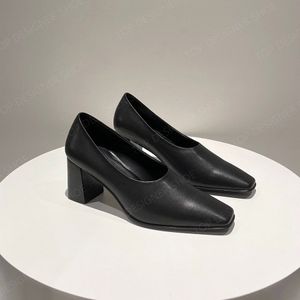 sandálias de salto grosso da linha Sapatos sociais de grife femininos saltos de couro marrom preto 7,5 cm cabeça quadrada elegante sapato de escritório tamanho 35-40 com caixa