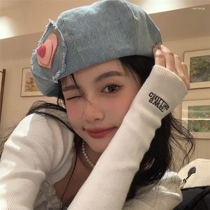 Berets 2023 Fashion Solid Color For Women Spring And Summer Cute Pink Heart Denim Beret Cap Gril's Painter Hat Decoration