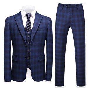 Erkekler Suits Plyesxale 3 Parça Ekose Takım Erkekler 2023 İnce Fit Donanma Kraliyet Mavi Düğün S-5XL Marka Tasarımcı İş Elbisesi Smokin