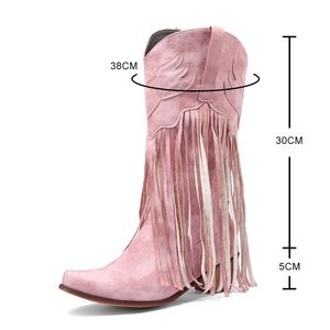 Fringe 100 Pink شرابات Mid-Calf Western Cowboy Boots for Women Vintage Retro Point Toe Cowgirl Booties Slip on Shoes Blue 230807