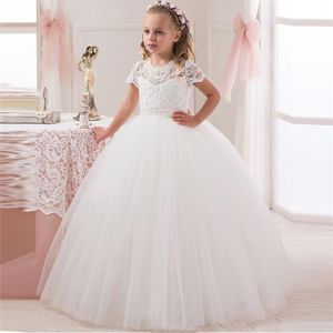 2020 White Lace Ball Gown Flower Girl Dress for Wedding Princess Girls Pageant Dress Kort ärm Kids Vestidos de Comunion2416